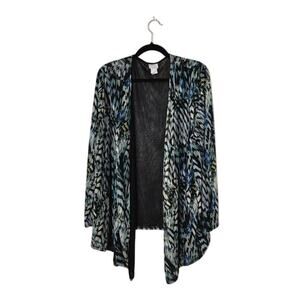 Chico's Womens Mesh Cardigan Topper Size XL Blue Asymmetrical Hem Draped Preppy